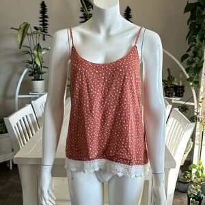 Kismet tank rust white/cream, boho polkadots lace bottom layered Sm 100% rayon